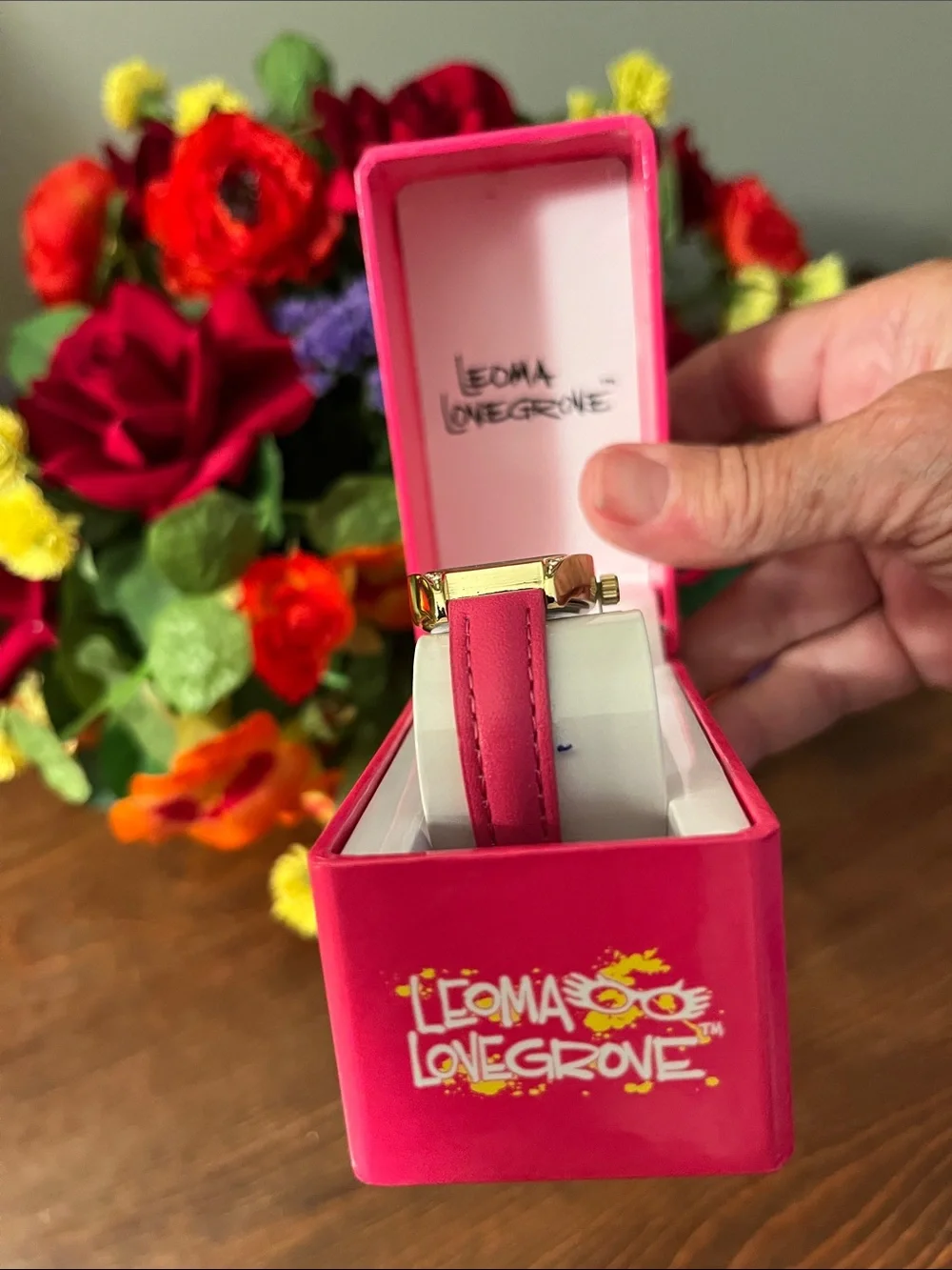 Lovegrove Pink Leather Strap Watch with Gold-Tone Crystal with Case NWOT